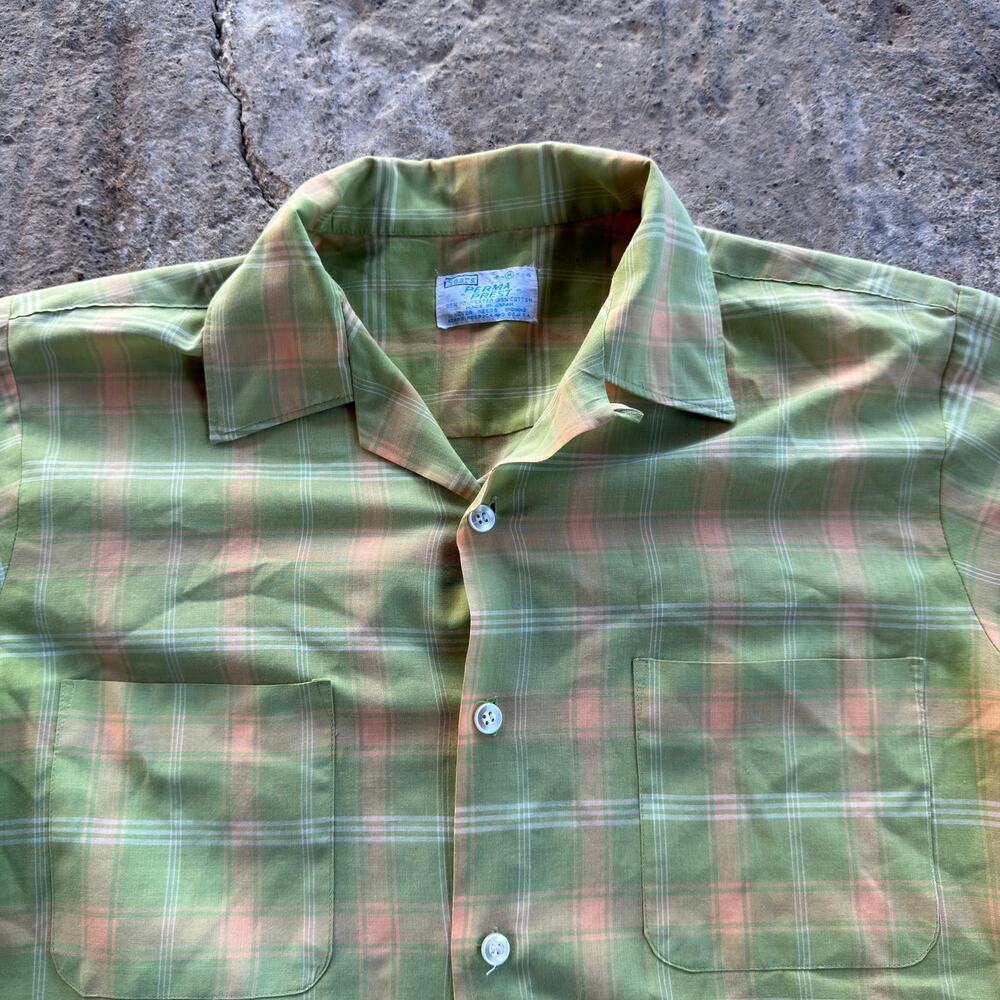 Vtg 70s Sears Perma Prest Plaid Camp Shirt Green M Loop Collar Workwear Button